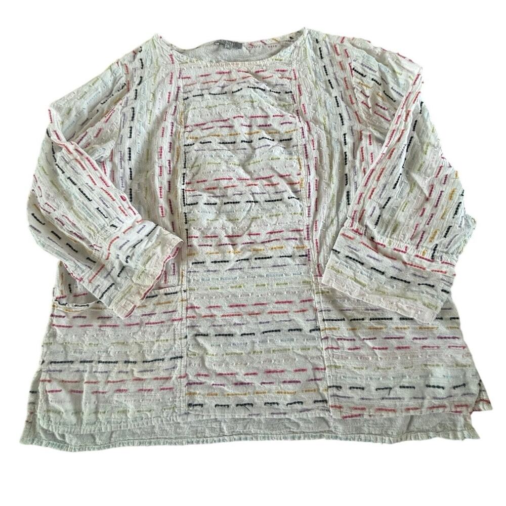 Habitat Women’s Medium White Multicolor Textured Stitch Print Tunic Top Artsy